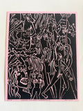 "Cannibalistic Angels and Demons" — Linocut on Pink by Jillian Kron, Signed