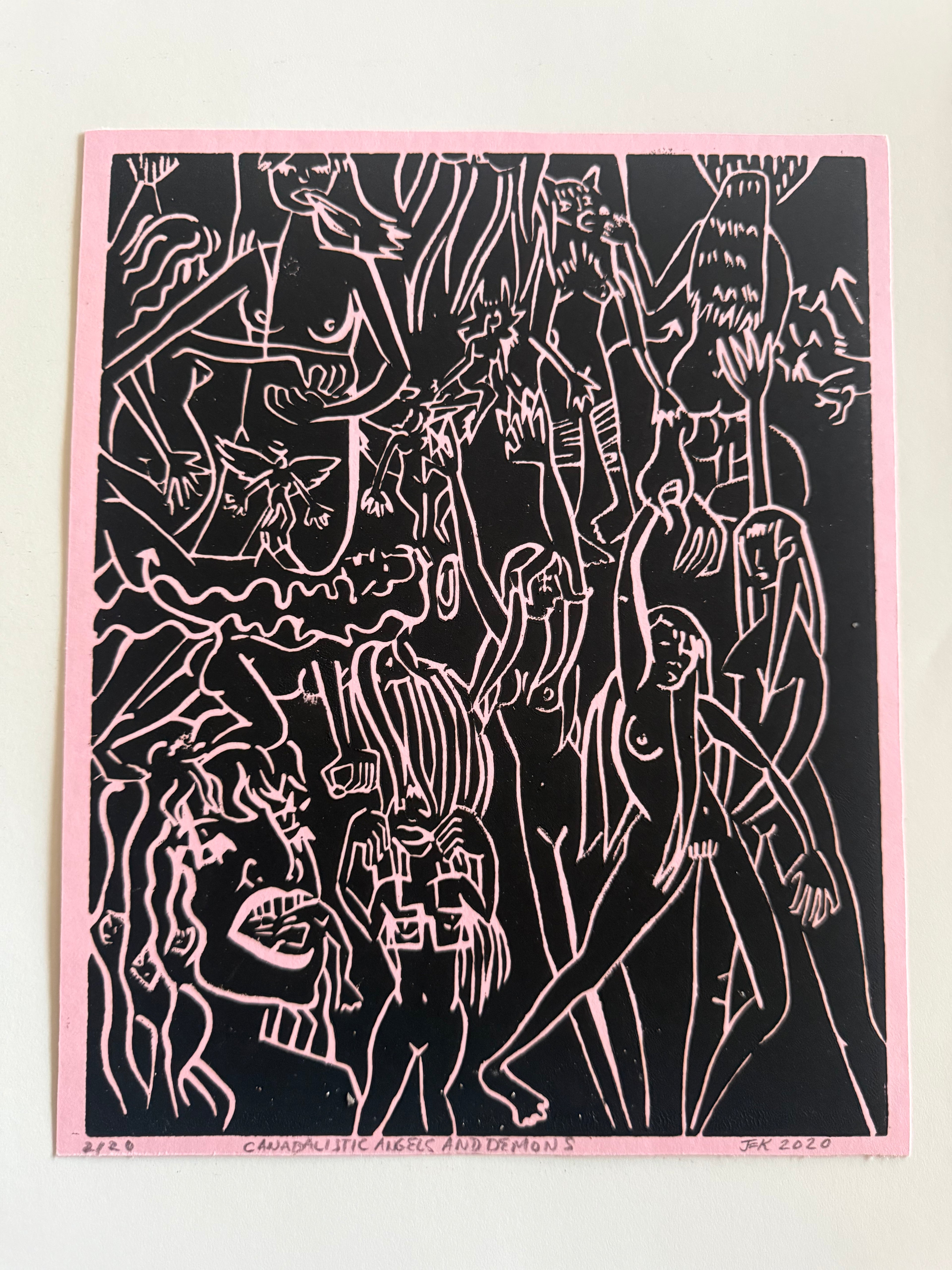 "Cannibalistic Angels and Demons" — Linocut on Pink by Jillian Kron, Signed